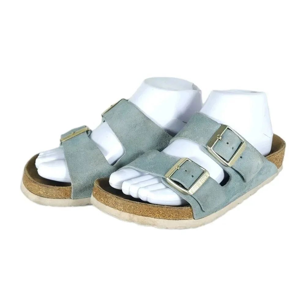 BIRKENSTOCK Women's Arizona US6 EU37 Light Blue Suede SoftFB Slide Sandals